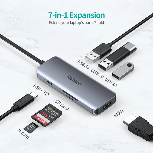 Choetech 7-in-1 USB-C to HDMI Multiport Adapter HUB-M19 (Gray) - XtraSure | Apple Authorized Reseller in Myanmar