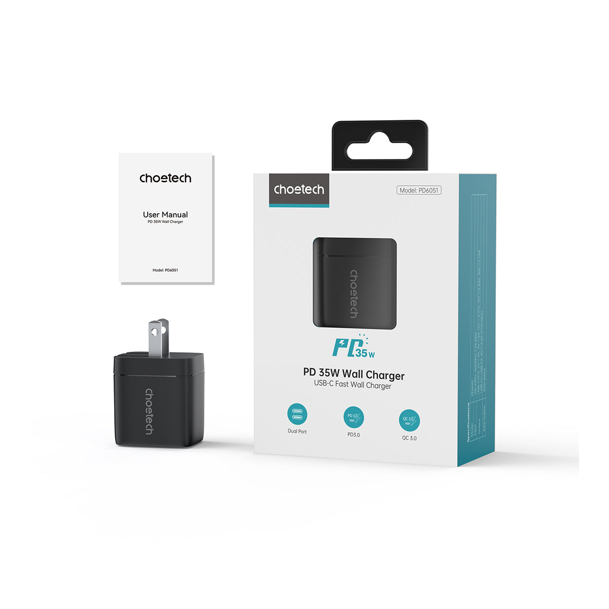 Choetech PD 35W GaN Dual Type-C Display Wall Charger (PD6051)