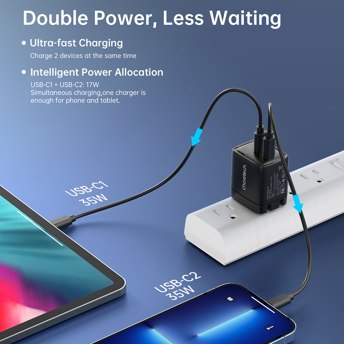 Choetech PD 35W GaN Dual Type-C Display Wall Charger (PD6051)