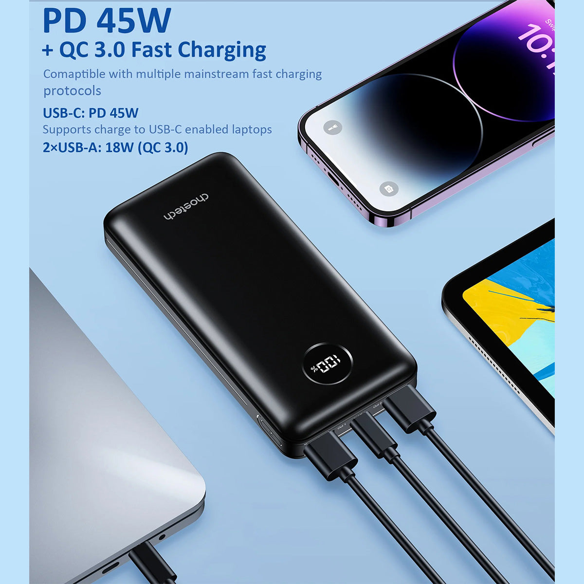 Choetech PD45W 20000mAh Powerbank B653 (Black) - XtraSure | Apple Authorized Reseller in Myanmar