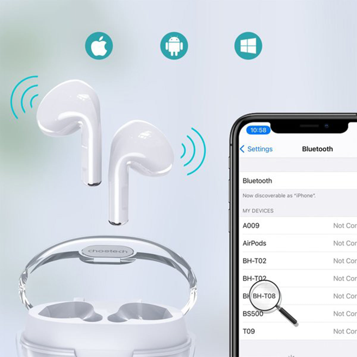 Choetech Translucent V5.0 True Wireless Earbuds BH-T08 (White) - XtraSure | Apple Authorized Reseller in Myanmar