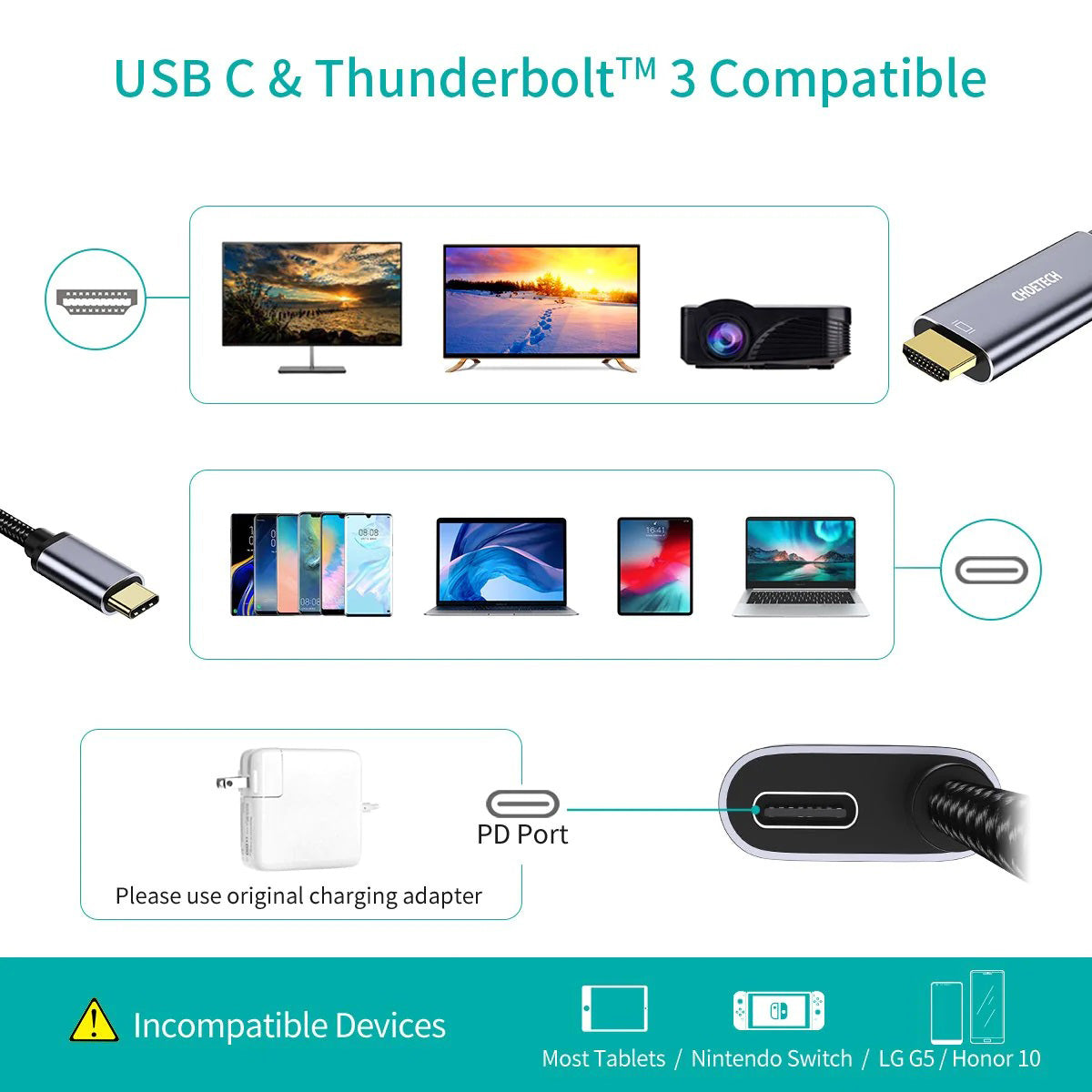 Choetech USB-C to HDMI Cable with PD Charging XCH-M180GY (Gray)