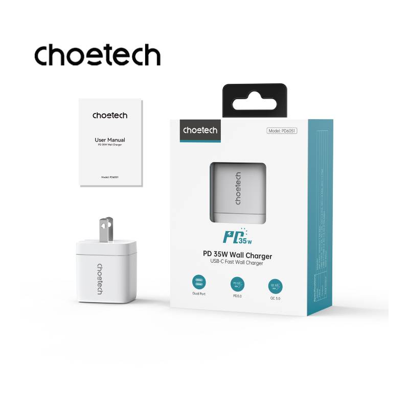 Choetech PD 35W GaN Dual Type-C Display Wall Charger (PD6051)