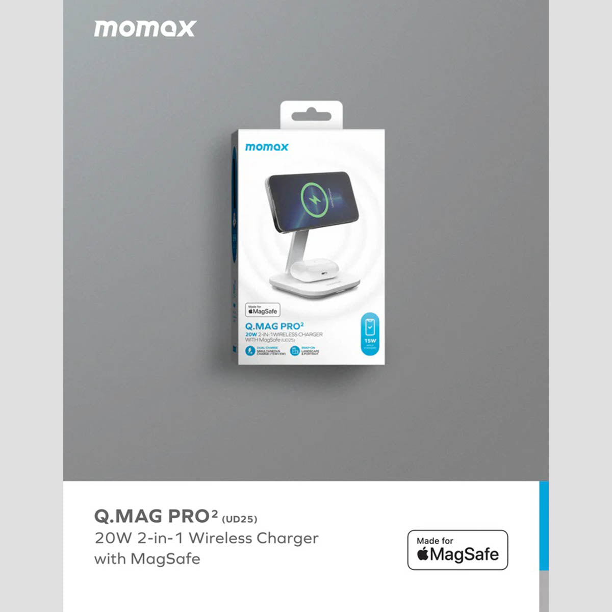 Momax Q.Mag Pro 2 2-in-1 MagSafe Wireless Charging Stand (UD25W) - XtraSure | Apple Authorized Reseller in Myanmar