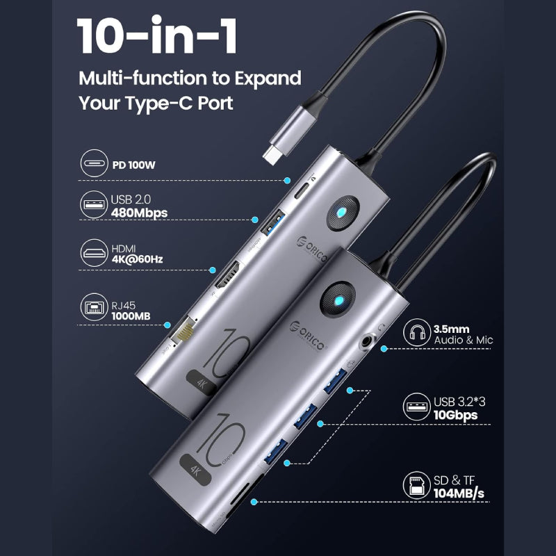 Orico 10 in 1 USB-C Hub with 4K@60Hz HDMI