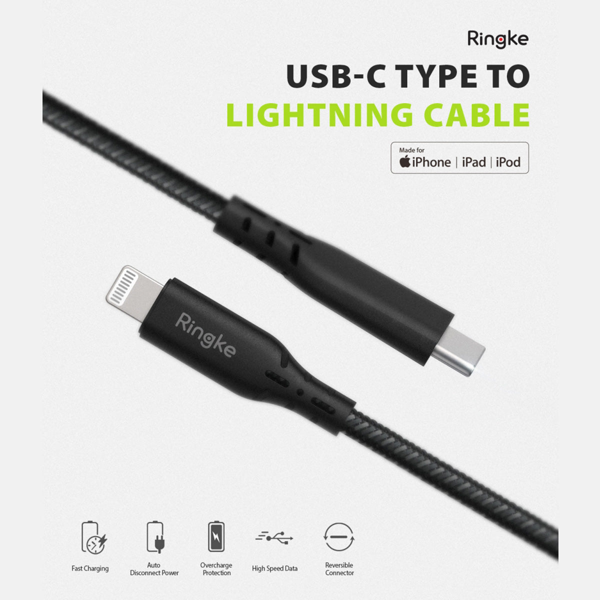 Ringke USB-C to Lighting Charging Cable (1.2m) Black - XtraSure | Apple Authorized Reseller in Myanmar