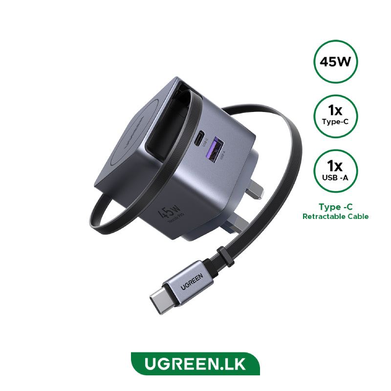 Ugreen 45W GaN Fast Charger with Retractable Cable (X614)