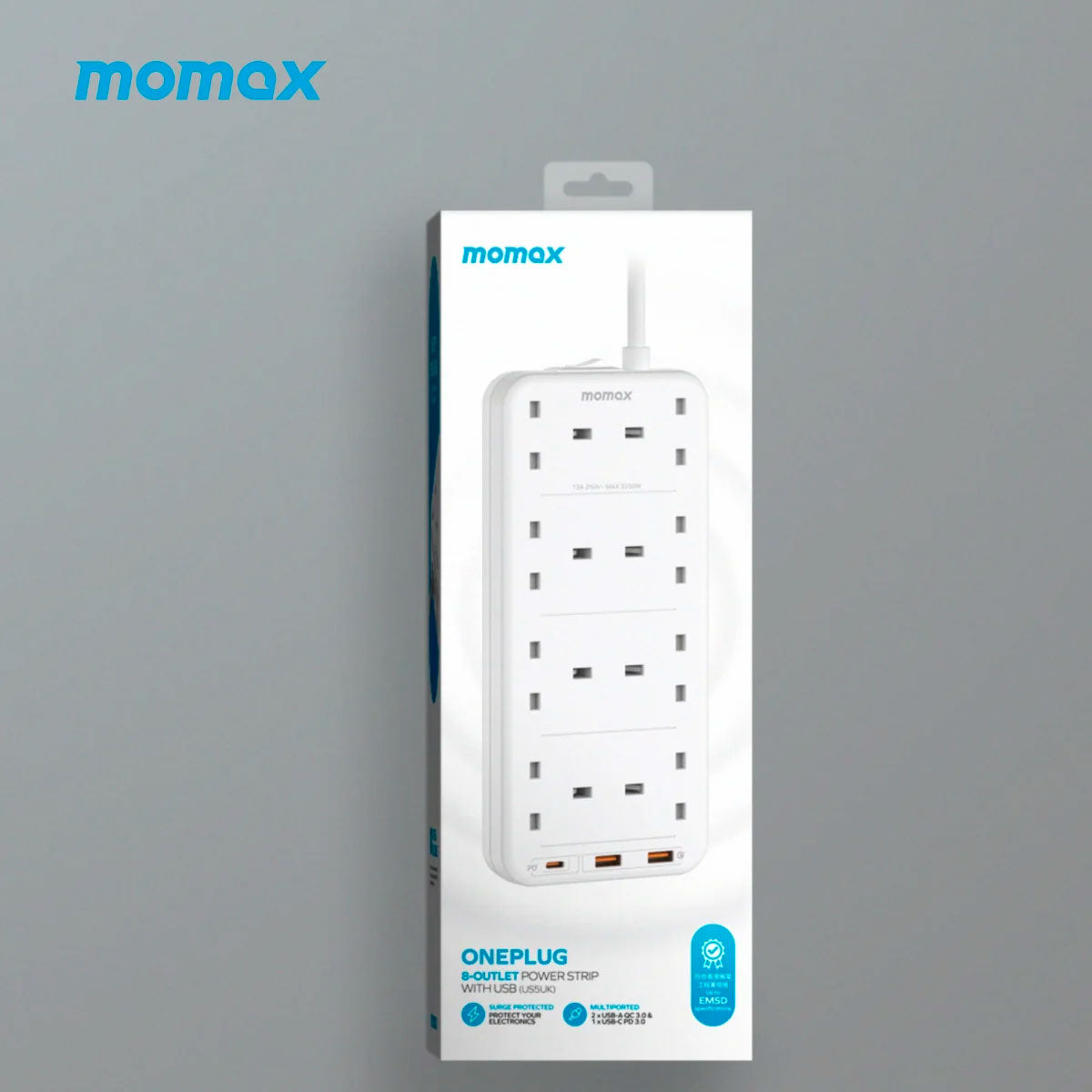 Momax ONEPLUG 8-Outlet Power Strip with USB (US5UK) - XtraSure | Apple Authorized Reseller in Myanmar