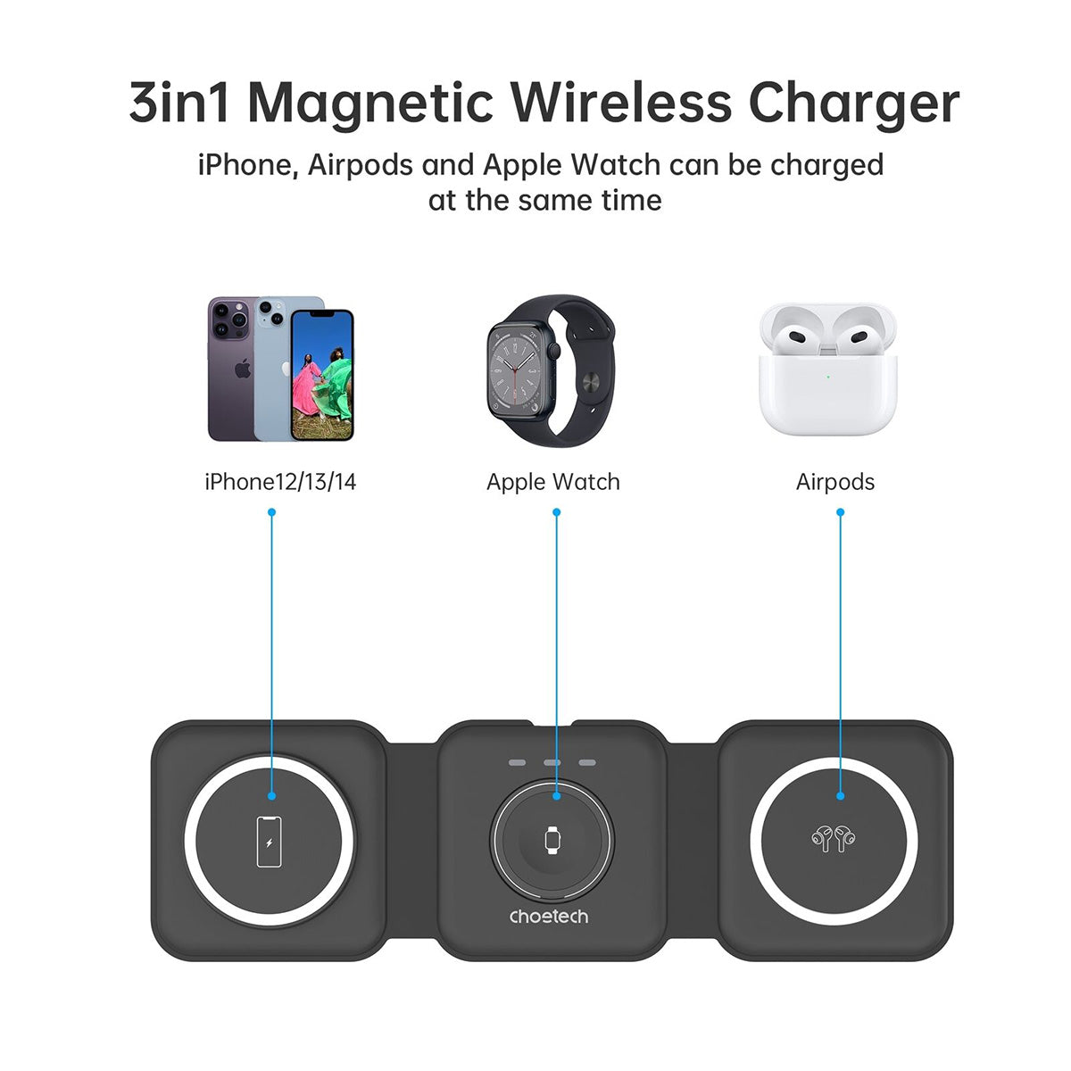 Choetech 3-in-1 Foldable Magnetic Wireless Charging Station T588-F (Black)