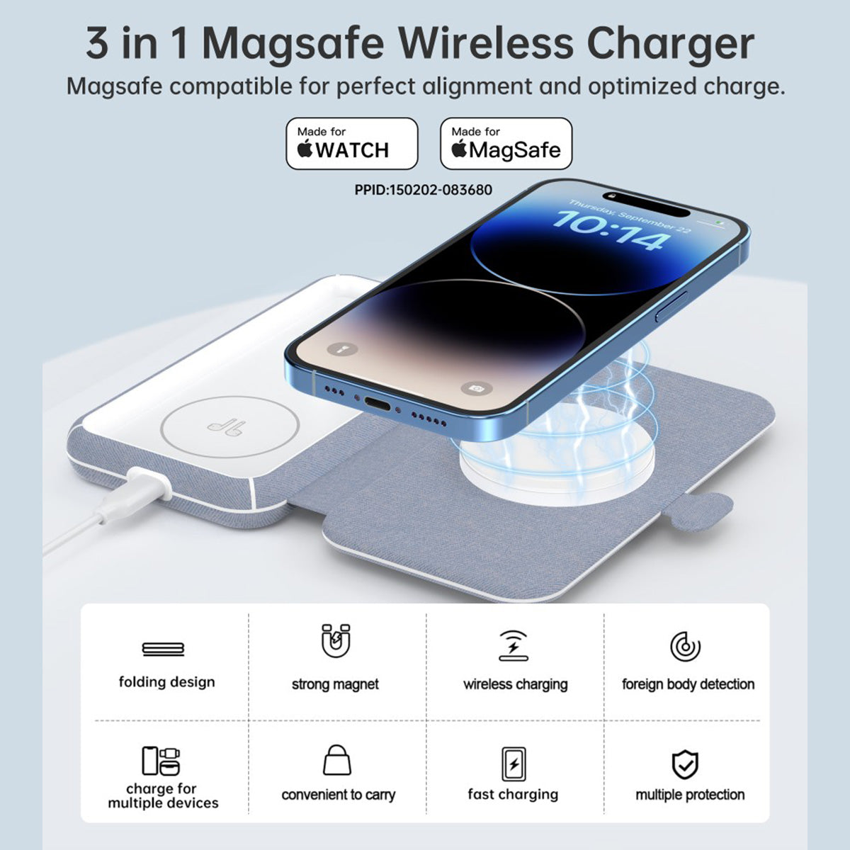 Choetech 3-in-1 MFM &amp; MFI Wireless Charger with MagSafe T324 (Blue)