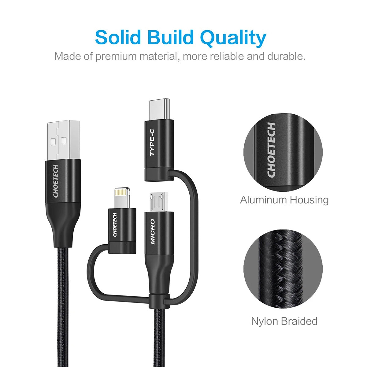 Choetech 3-in-1 USB-A to Type-C/Micro/Lightning Nylon Cable IP0030 (1.2m)