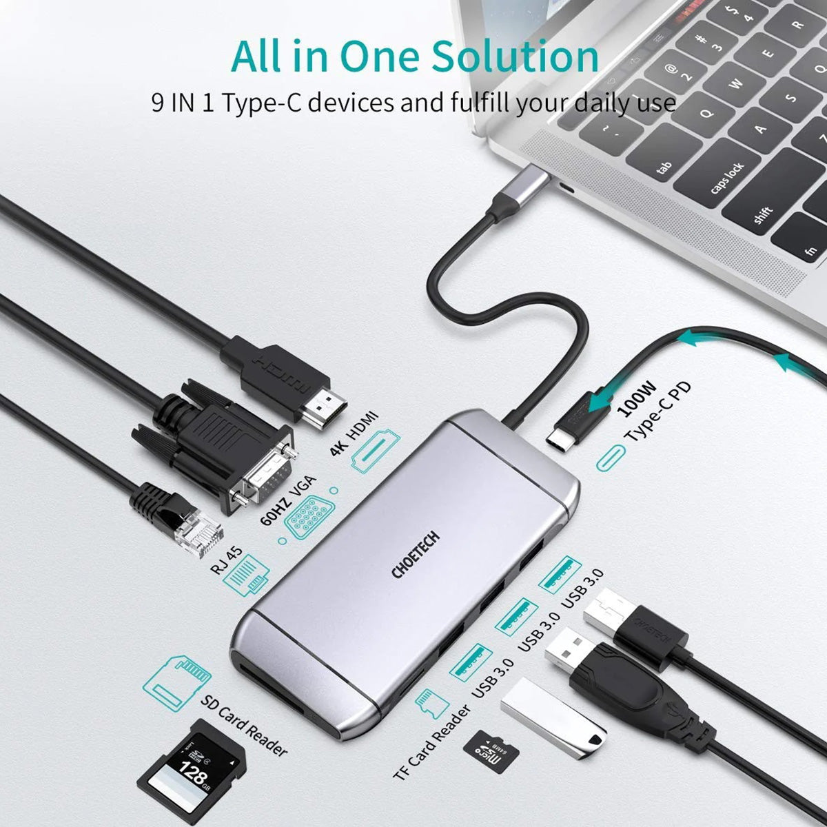 Choetech 9-in-1 USB-C Multiport Adapter HUB-M15 (Gray)