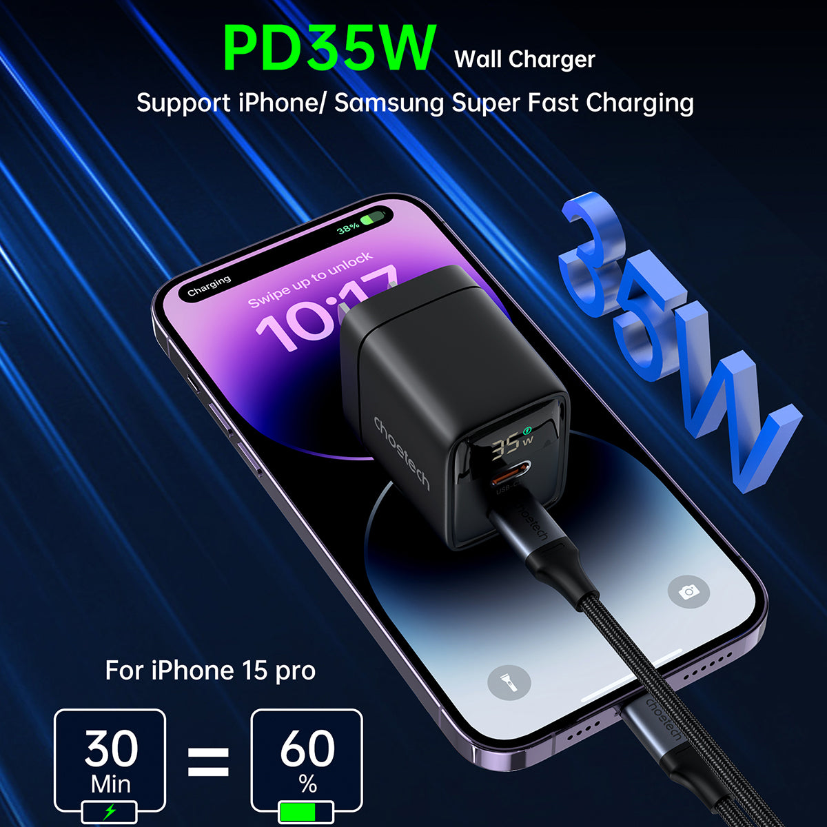Choetech PD 35W GaN Dual Type-C Display Wall Charger (PD6051)