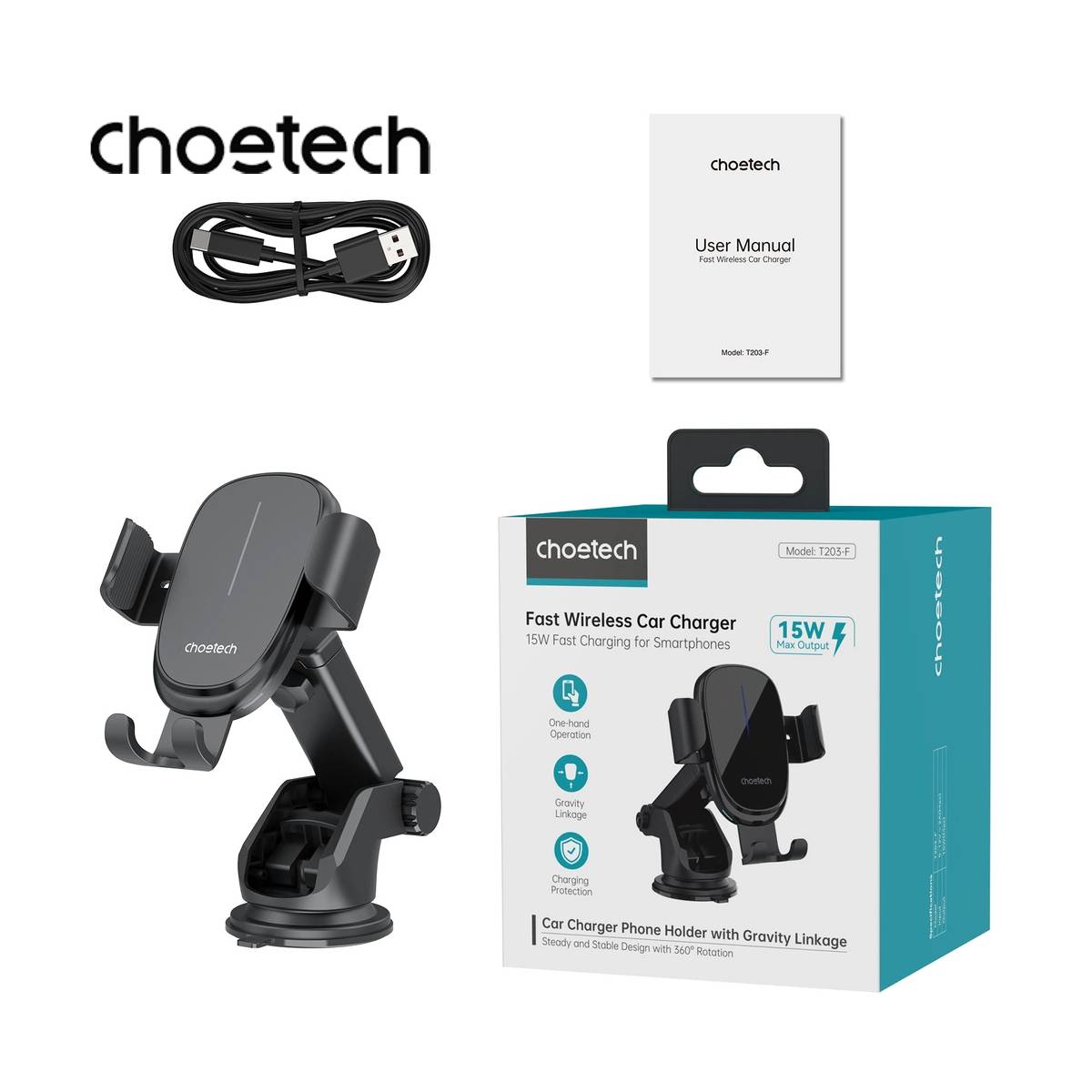 Choetech Wireless 15W Car Holder with charger (T203-F)