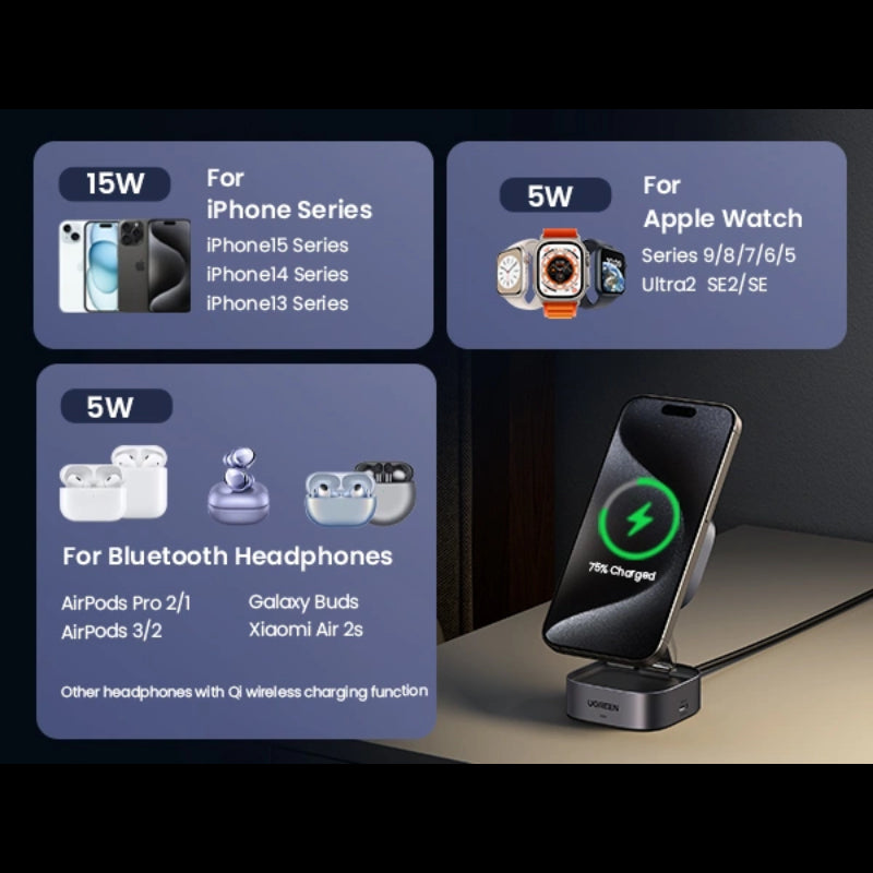 Ugreen 15W 2-in-1 Qi2 Magnetic Wireless Charger (W702)